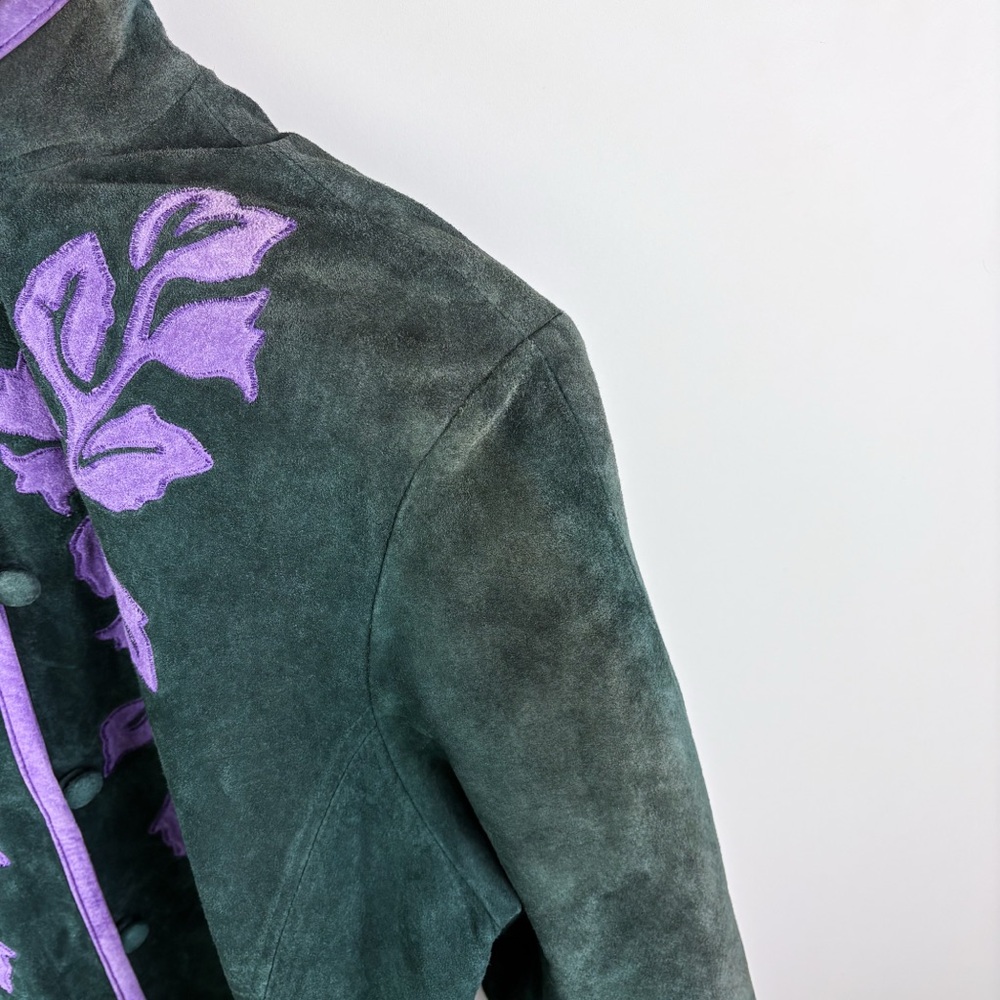 Vintage Suede Leather Vine Leaf Mandarin Collar Jacket Green Purple Large Linea - Picture 3 of 7